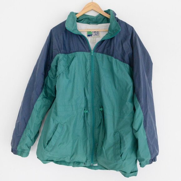 VTG Great Lakes Country Blue Green Zip Up Nylon Cotton Lined Windbreaker Jacket - Picture 1 of 13